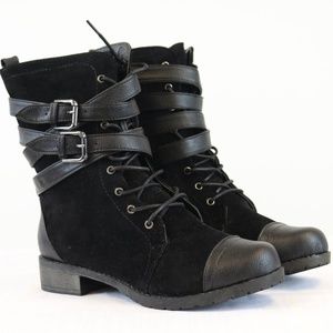 Black Military Buckle Zipper Mid Calf Boots